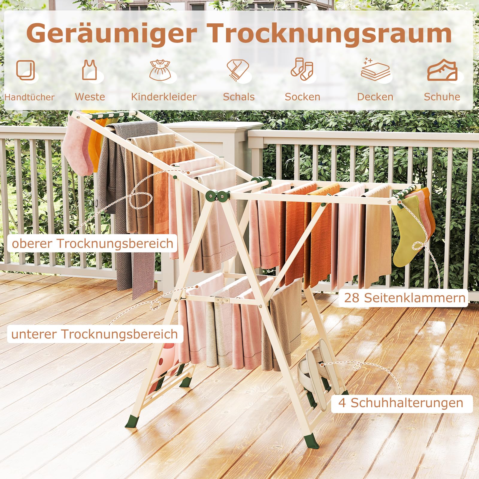 COSTWAY Wäscheständer klappbar mit verstellbaren Flügeln, Sockenklammern & Schuhablage, Wäschetrockner ausziehbar, Trockenständer freistehend für die Wäsche drinnen & draußen (Beige,141cm)