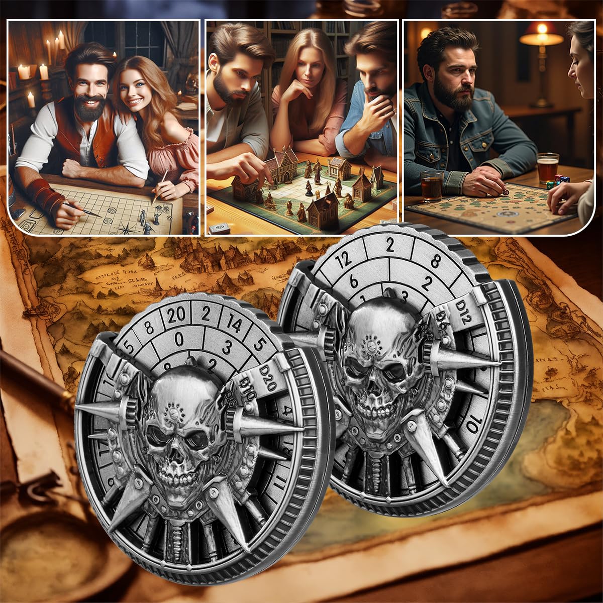 Teschio Roulette Dadi Spinner, 7-in-1 Metallico Spinner Dadi DND, Teschio Fidget Spinners, Regali di D&D con Sacchetto Regalo Logo Drago, Giochi di Ruolo, Accessori per Giochi da Tavolo, Argento Scuro
