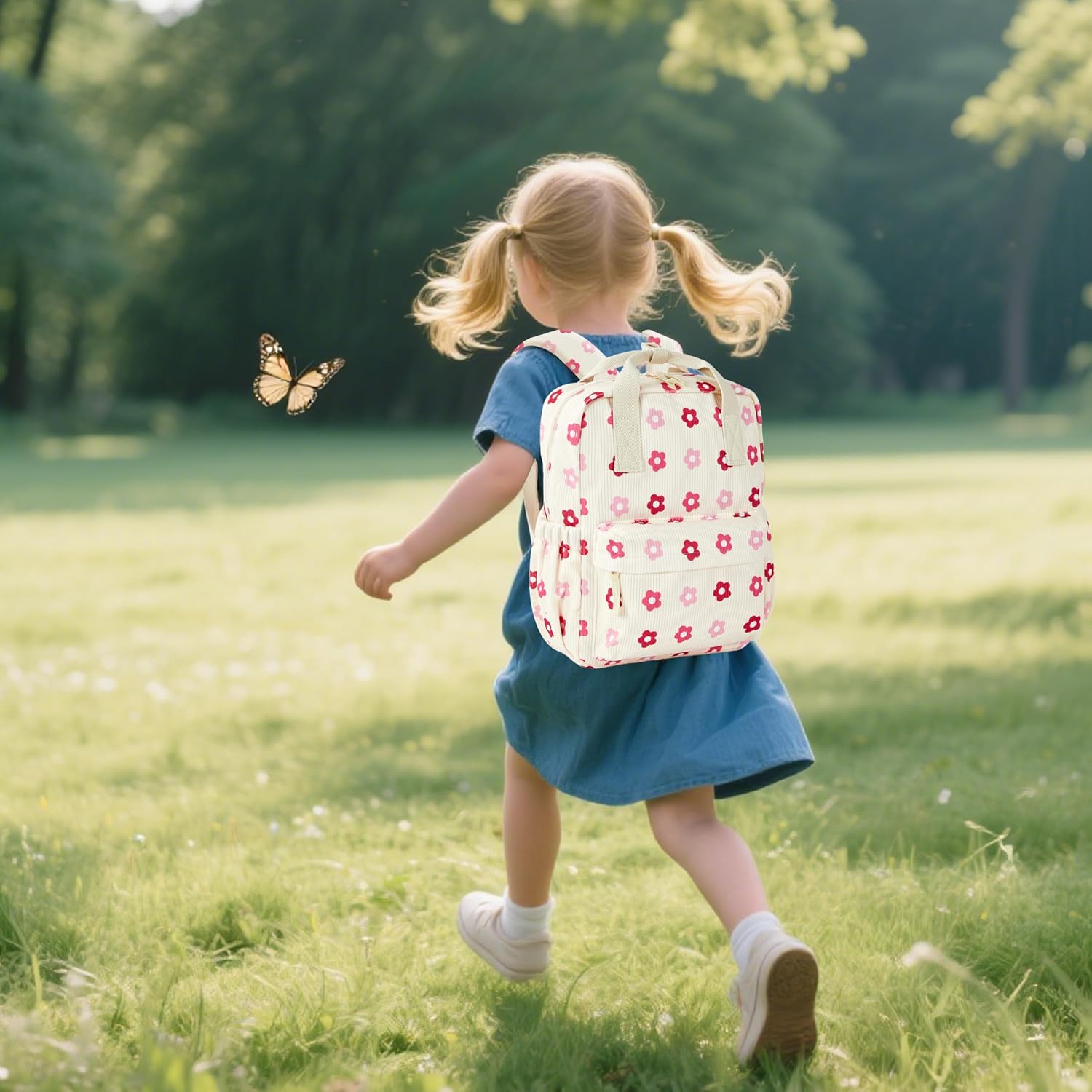 Mini Corduroy Backpack Bookbag School Bag for Toddlers Girls and Boys Preschool Daycare Kindergarten 13'' H Lightweight Fits for Folder(Floral-Beige Corduroy) - Image 2