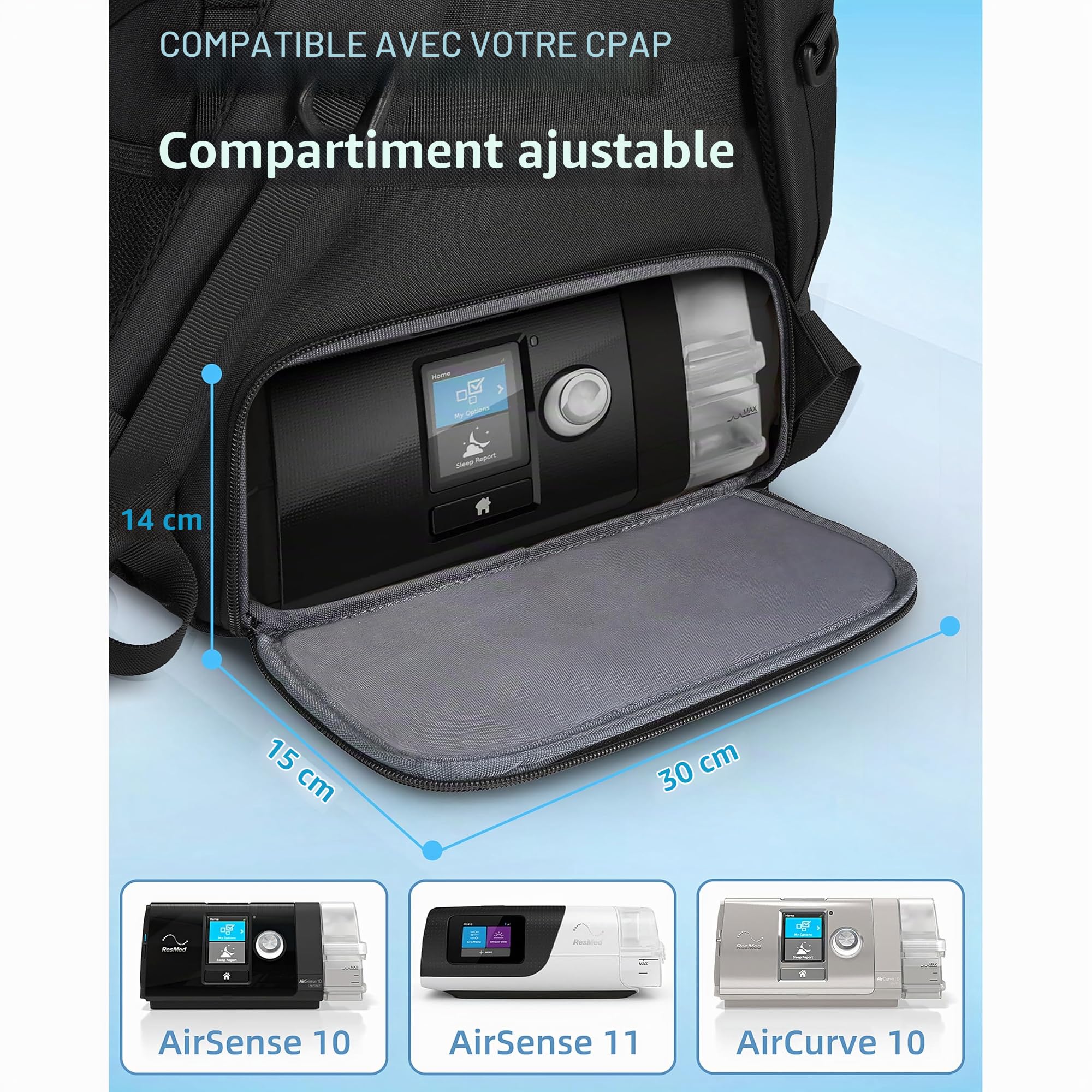 PEKREWS CPAP Sac à dos de voyage CPAP pour ordinateur portable 15,6 pouces Grand sac de transport médical compatible avec Resmed Airsense 11, Airsense 10, Airsense 9, Dreamstation Machine Accessories,
