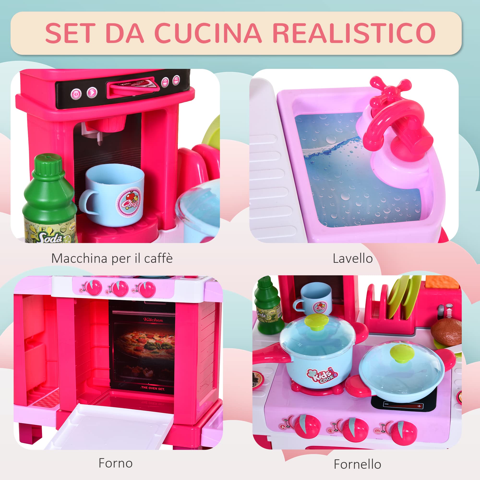 HOMCOM Cucina Giocattolo per Bambini con 38 Accessori Inclusi, Gioco con Luci e Suoni Realistici, 78x29x87cm, Rosa