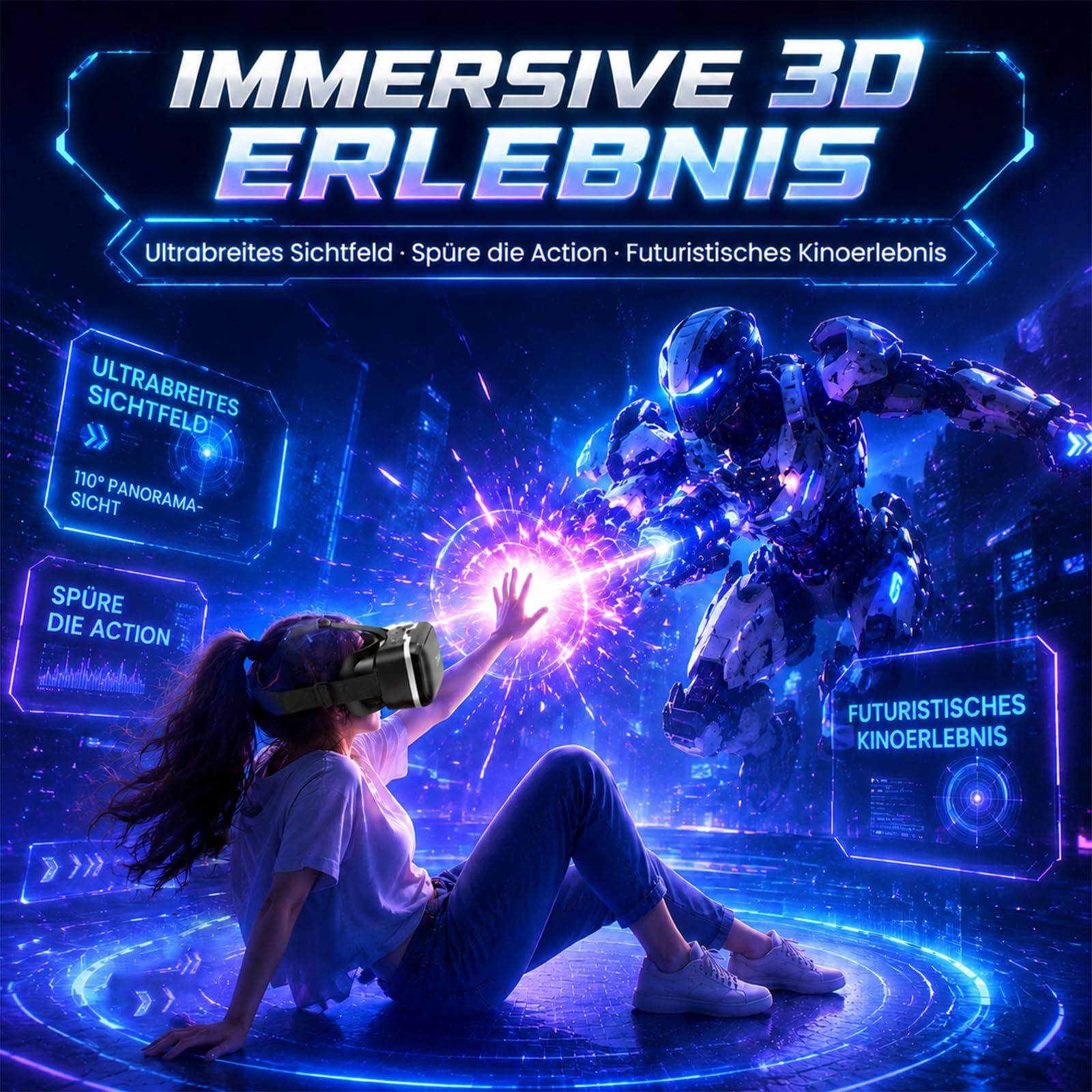 VR Brille Handy, Anfänger 3D Virtual Reality Headset für iPhone & Android 4,7-6,8 Zoll, HD Anti-Blaulicht-Linsen, IPD/Objektabstand einstellbar, ergonomisch für Spiele Filme Kinder 8-16 Jahre