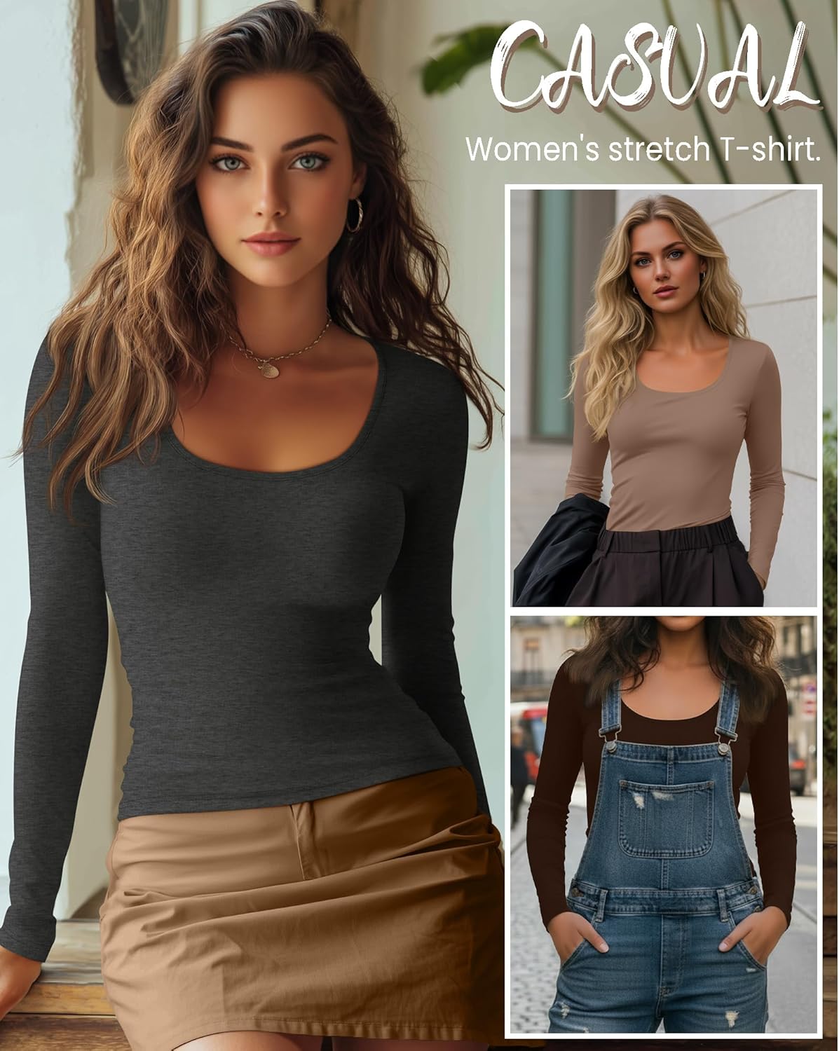 7 Pack Women's Long Sleeve Shirts Multipack Scoop Neck Tops Slim Fit Undershirt Basic Layer Winter - Image 2