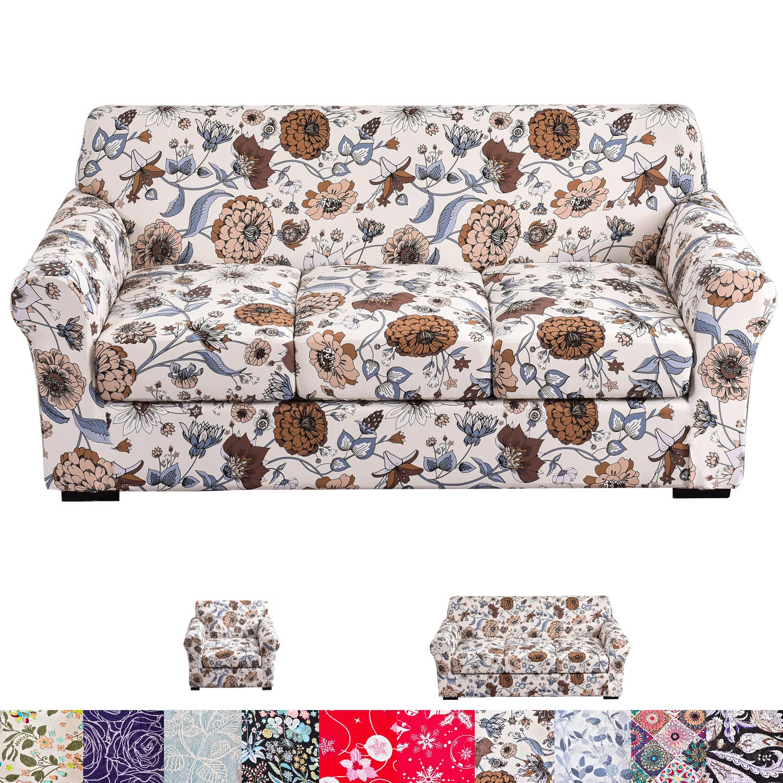Stain Resistant Sofa Cover, 4 Piece Stretch Sofa Slipcover, Durable Couch Covers for 3 Cushion Couch, Nonslip Couch Sofa Slipcovers Furniture Protector for Living Room (Chrysanthemum,3 Seat)