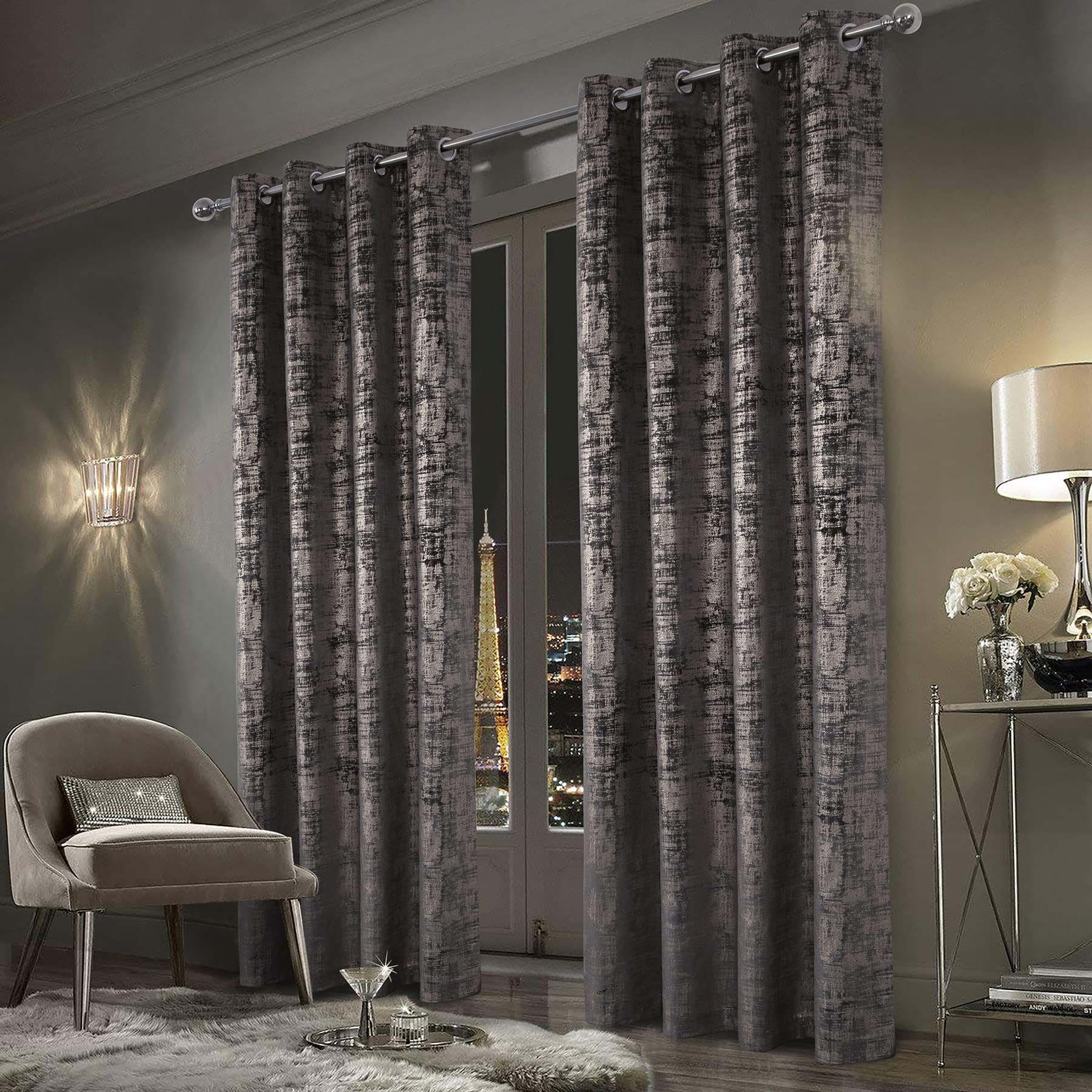 always4u Curtains Opaque 100% Velvet Curtains Living Room with Gold Pattern, Shiny Elegant Curtain, Blackout Thermal Insulation with Eyelets, Grey Anthracite, Set of 2, 160 x 132 cm