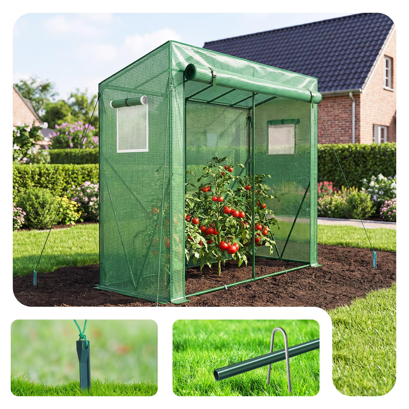 VOUNOT Gewächshaus Foliengewächshaus 200x77x170 cm, Schrägdach Tomatengewächshaus mit 2 Sichtfenster, Stabil Tomatenhaus für Gemüse, Blumen & Obst, Verstärkte PE-Folie 135g/m², Grün