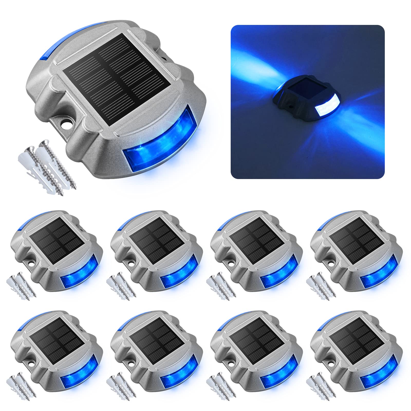 TYHBRV Solar Deck Lights Driveway Dock Lights, 12-Pack Led IP68 Waterproof Outdoor Warning Step Lights for Driveway Sidewalk Garden Pathway Yard(White, Auto On/Off(Blue,8 Pack)