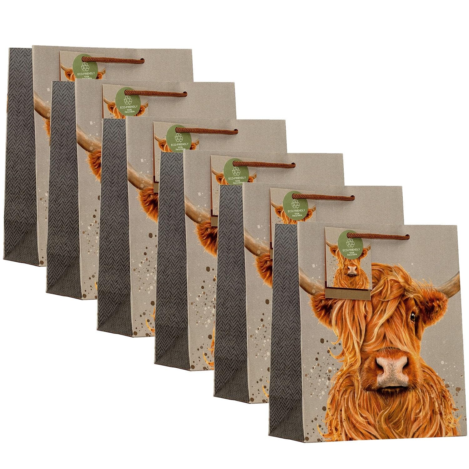 Design By Violet Highland Cow Design Medium Gift Bag – Set of 6 Decorative Paper Birthday Gift Bags with Ribbon Handles for Parties and Events, Eco Friendly and 100% Recyclable