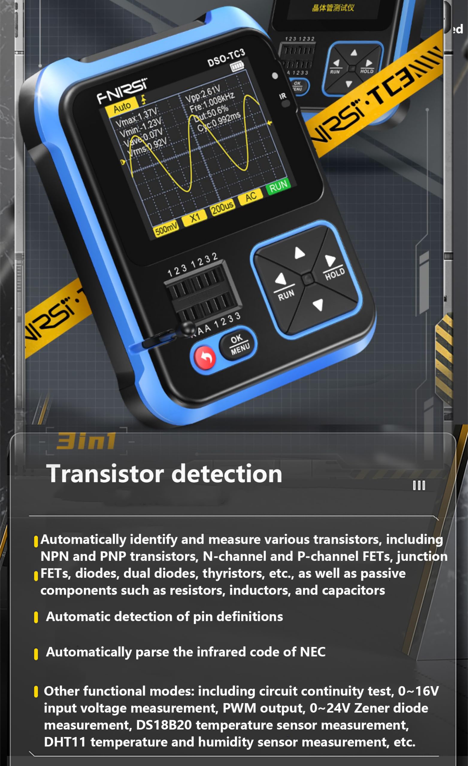 WANGCL TC3-3 en 1 Osciloscopio portátil de Mano ESR Tester Pantalla TFT de 2.4 "Mini osciloscopio Digital de 1500 mA - Ancho de Banda de 200 KHz y tasa de muestreo de 2.5 MS/S