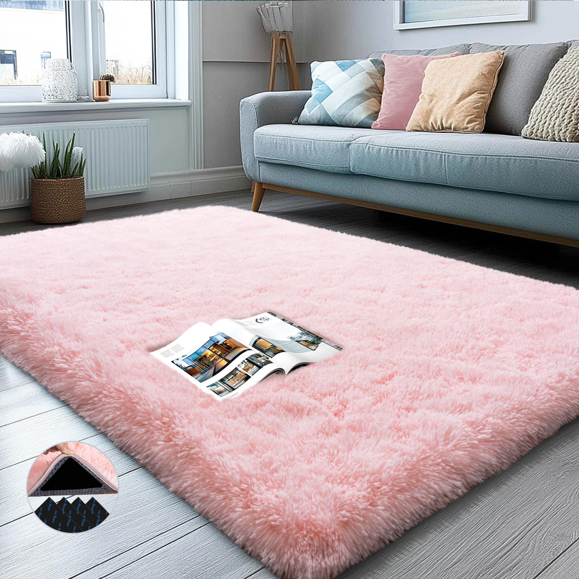 AAFKK Pink Area Rug for Bedroom, 3x5 Rugs for Living Room Nursery Kids Room Dorm Home Decor Aesthetic, Fluffy Shaggy Rug with 4 Anti-Slip Carpet Tapes