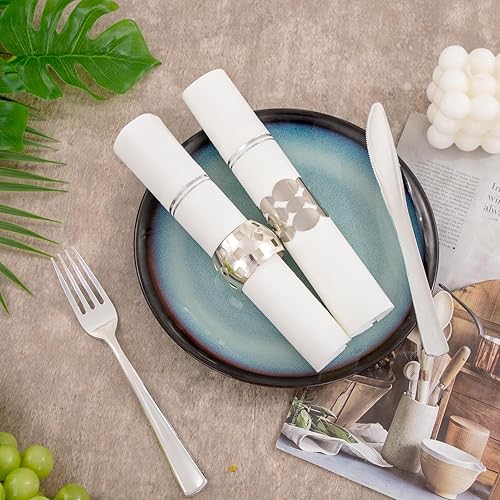 Miniatura 7 de Nervure 100 servilletas de papel plateadas  Servilletas desechables con bolsillo integrado para cubiertos preplegados como tela  Servilletas de cena