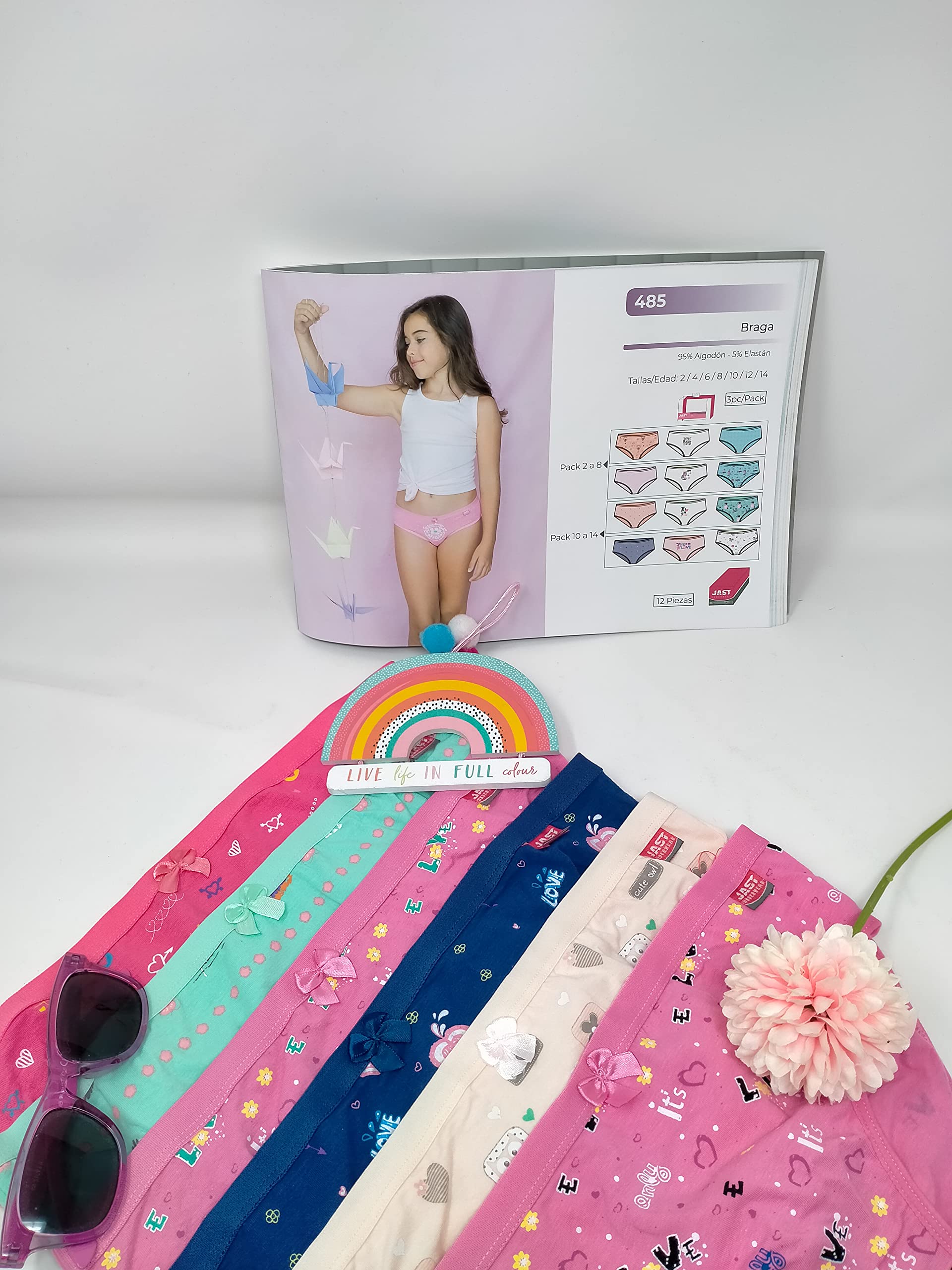 JAST Braguitas Niña Algodón Licra Muy Suaves. Pack de 12 Bragas. Tallas 2 a 14 años