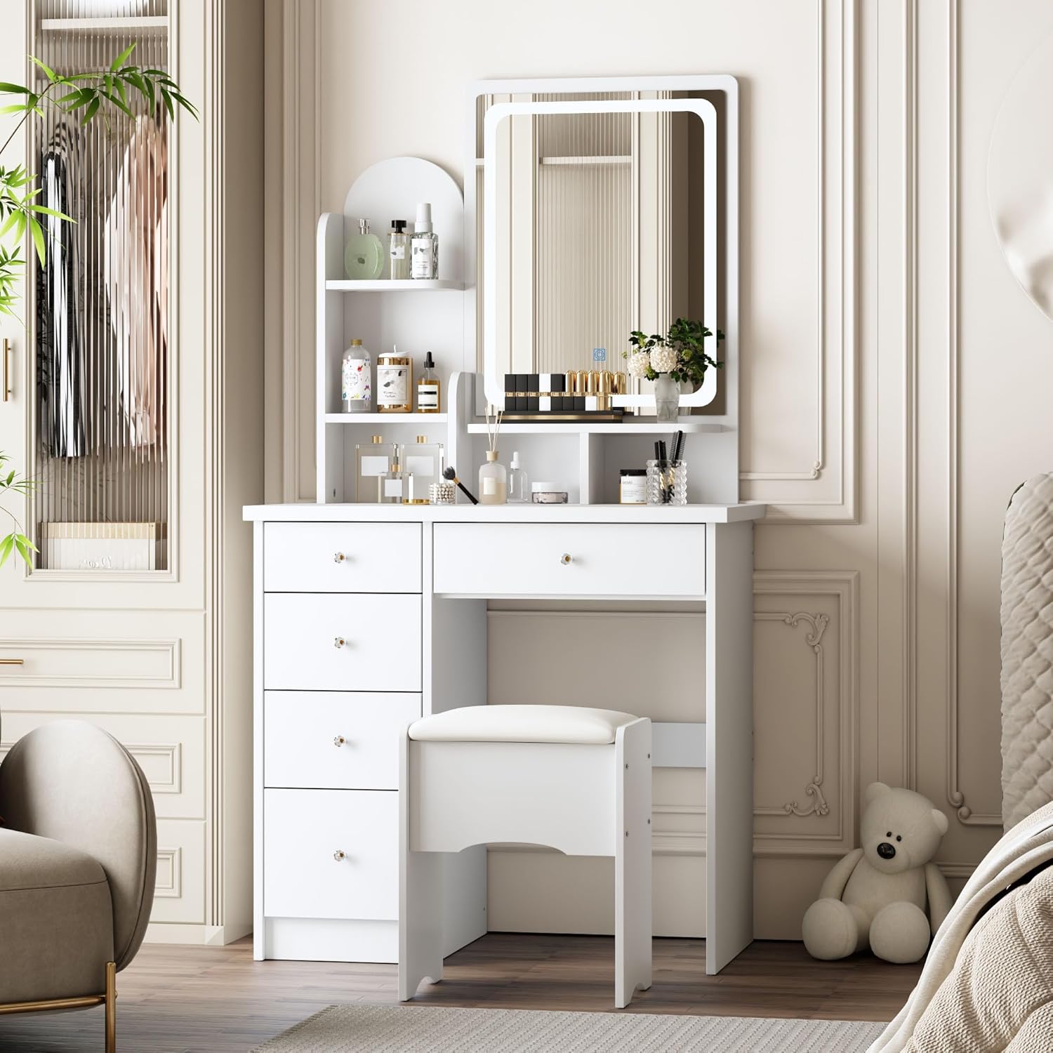 Make up Vanity Desk with Mirror and Lights,Vanity Set with Chair,Storage Drawers,Shelves & Cushion Stool,Makeup Dressing Table with Lighted Mirror for Bedroom,Dressing Room,White