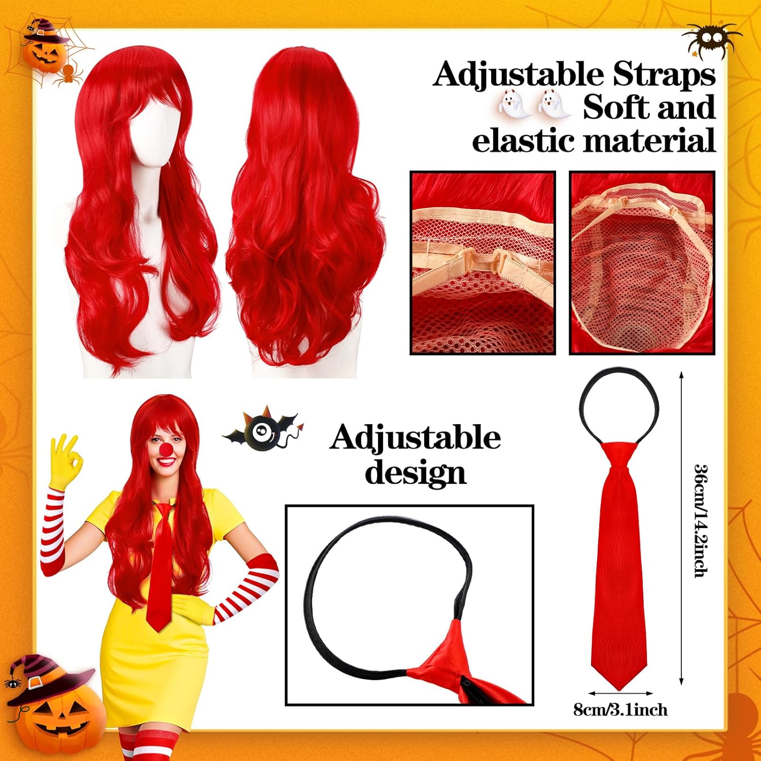 6 Pcs Halloween Fast Food Clown Costumes Accessories Includes Wig Gloves Red White Striped Stockings and Arm Sleeves Sponge Nose Adjustable Necktie Red Yellow Clown Outfits for Women Cosplay - Image 3