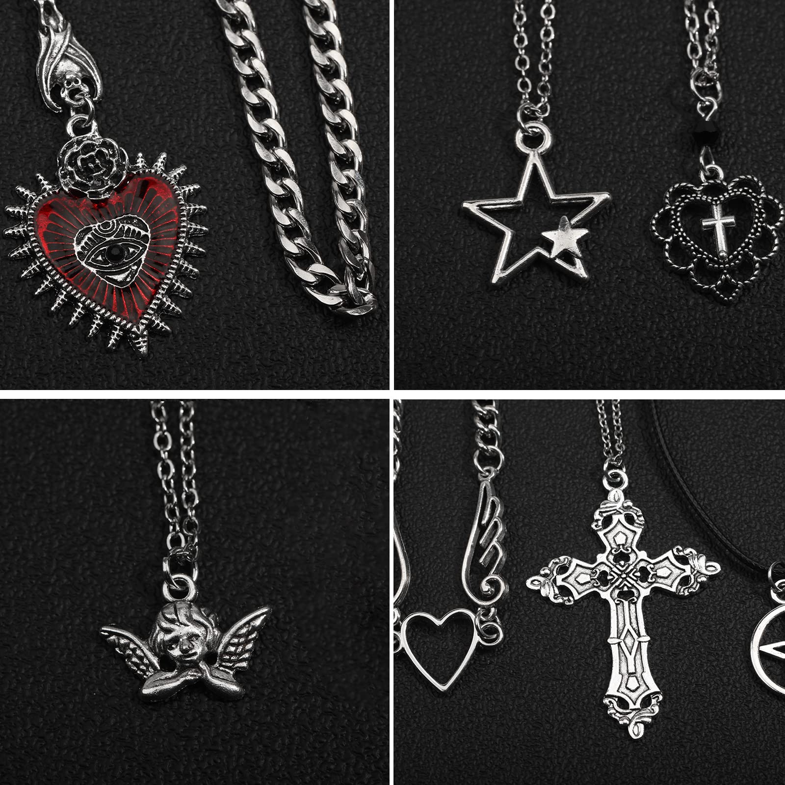 Juego de 14 piezas de collar gótico grunge Y2k Grunge joyería gótica cruz Y2k estrella Emo accesorios Y2K conjunto de joyas para mujeres y hombres, Zinc, Sin piedra preciosa 6