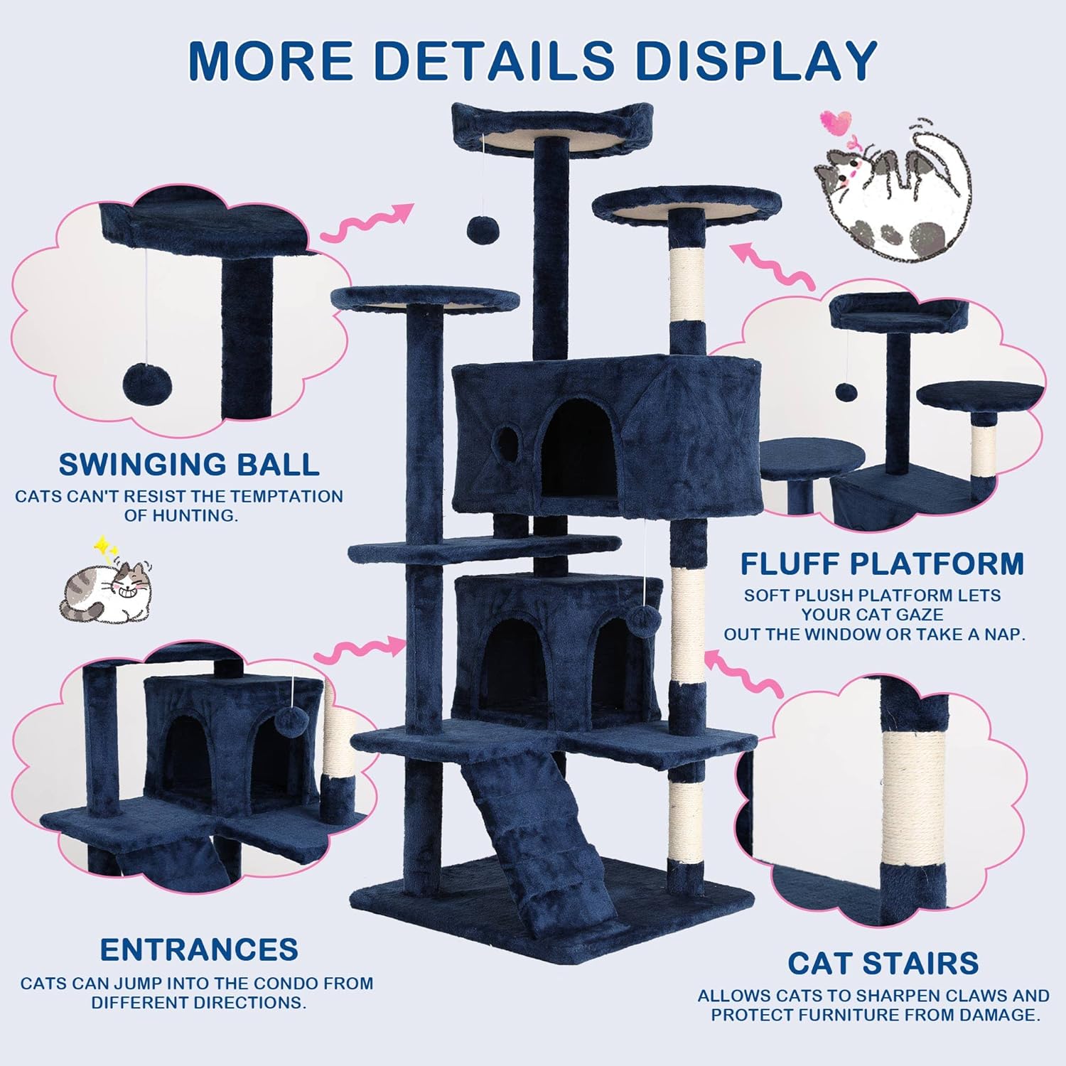 review Cat Tree, 54'' Tall with 3 Scratching Posts, 3 Platforms, 2 Condos, for Indoor Cats
