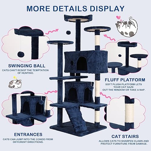 Miniatura 4 de Torre de árbol para gatos de interior, torre para gatos de varios niveles de 54 pulgadas para gatos grandes, casa alta de árbol para gatos con poste