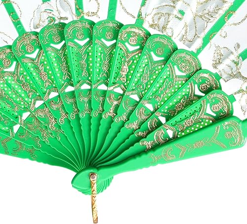 Miniatura 5 de QIRMIZI 10 abanicos plegables de encaje rosa, abanicos de mano plegables de seda, perfectos para bodas, fiestas y bailes, verde