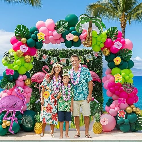 Miniatura 2 de Kit de arco de guirnalda de globos hawaianos tropicales con flamenco de árbol de coco de mylar, calcomanías de flores hawaianas, hojas de palmera,
