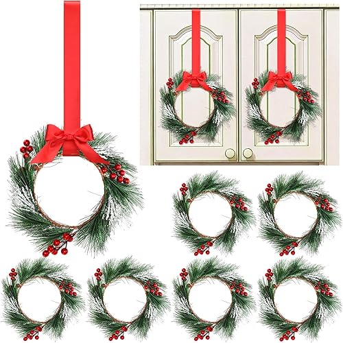 Crowye 6 Pcs Christmas Kitchen Cabinet Wreaths with Red Ribbon Hanging Garlands 10 Inches Artificial Green Leaves Decorative Berry for Kitchen Farm Front Door Window Chair Wall Winter Holiday Decor