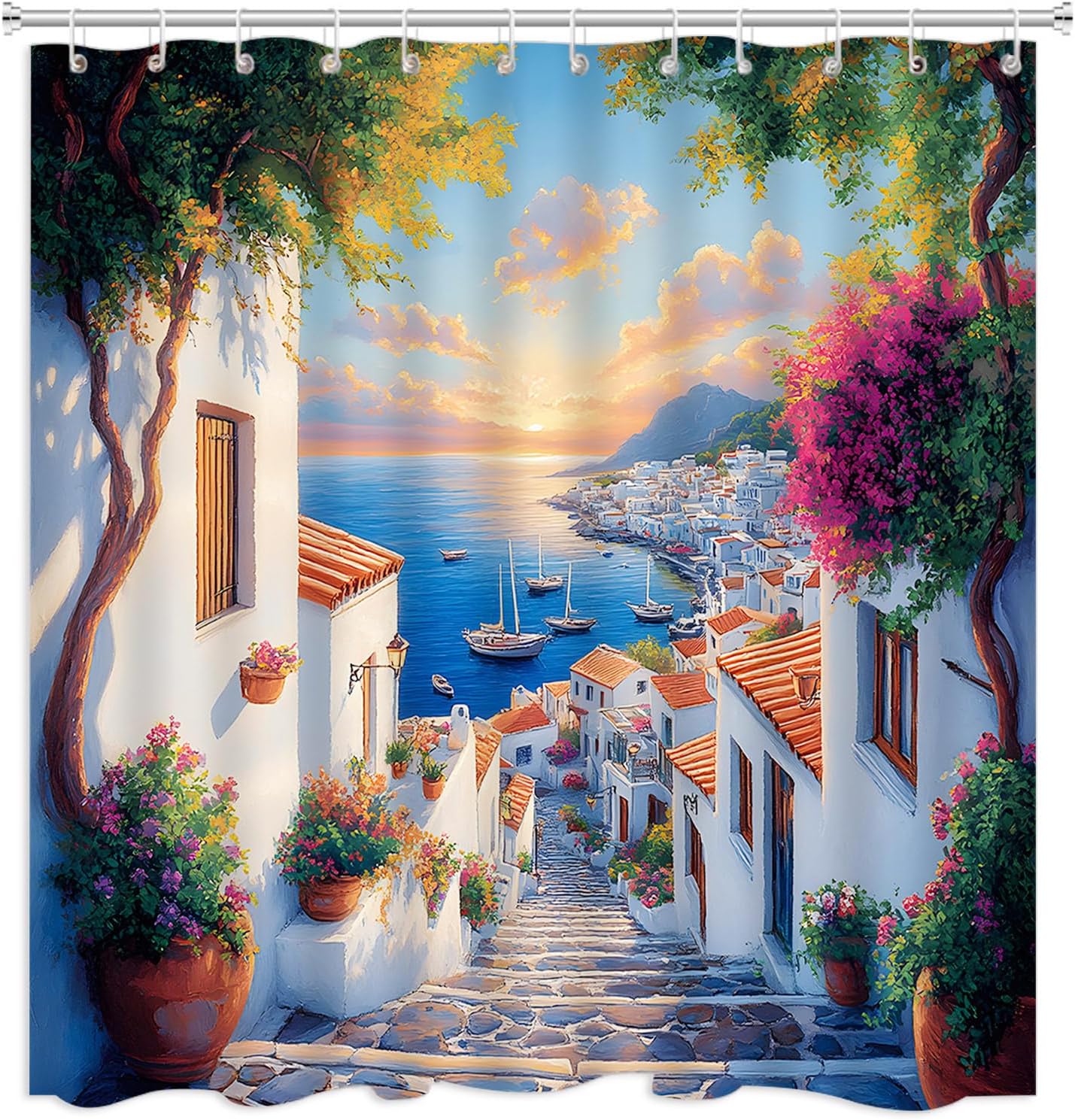 Coastal Landscape Shower Curtain Mediterranean Architecture Tropical Purple Floral Vine Hawaii Natural Seascape Bathroom Decor Polyester Fabric with Hooks