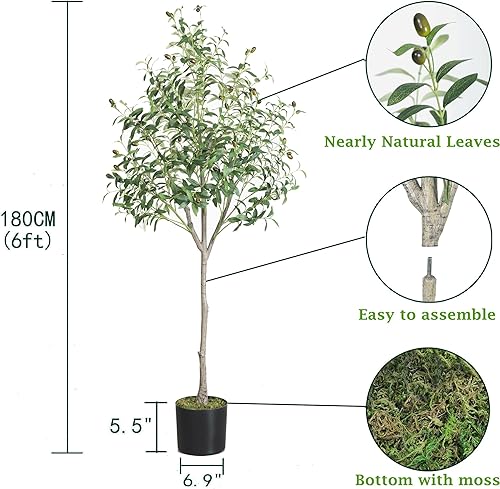 Miniatura 3 de Árbol de olivo artificial, planta de hojas de olivo falsas de 6 pies con canasta, árbol de seda topiario sintético perfecto para decoración de