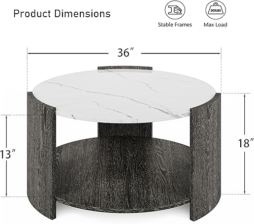Miniatura 3 de Mesa auxiliar redonda de mármol de 35 pulgadas con estante adicional para sala de estar, mesa auxiliar de almacenamiento para sala de estar, oficina