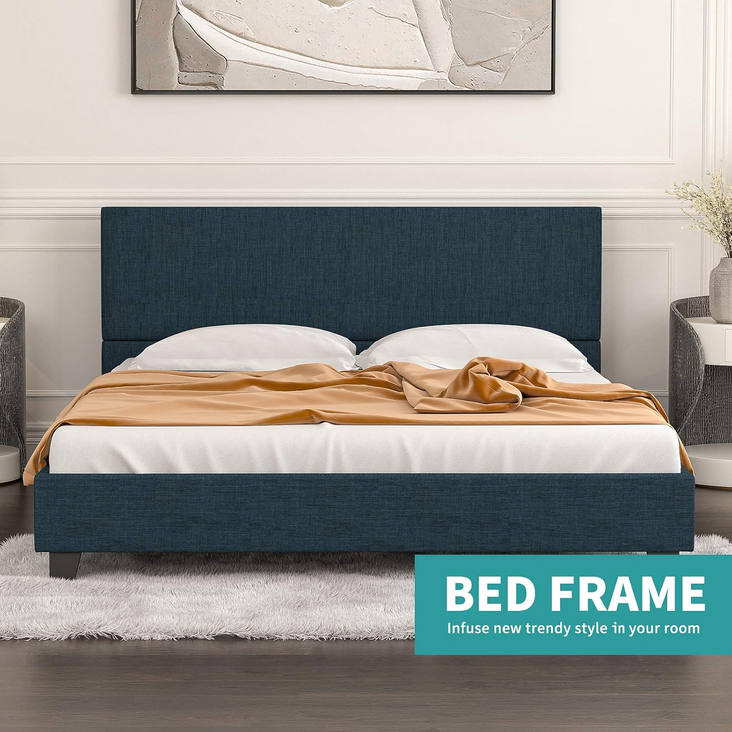 mecor Upholstered Linen Full Size Platform Bed Metal Frame, Mattress Foundation with Fabric Headboard, Strong Wooden Slats Support, No Box Spring Needed - Full, Blue