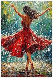 Canvas Painting of Woman Dancing Under The Rain, Beautiful Girl in Red Dress Art, Oil Painting Looking Woman Poster Canvas Poster Unframed 12x18in