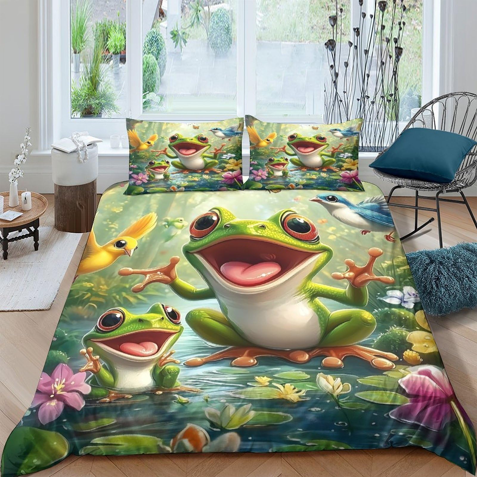 Ctjqhvkz Style-10 3D Printed Cartoon Frog Fitted Sheet Microfiber Soft Green Pond Scene Mattress Cover For Bedroom Dorm Decor Single（135X200cm）