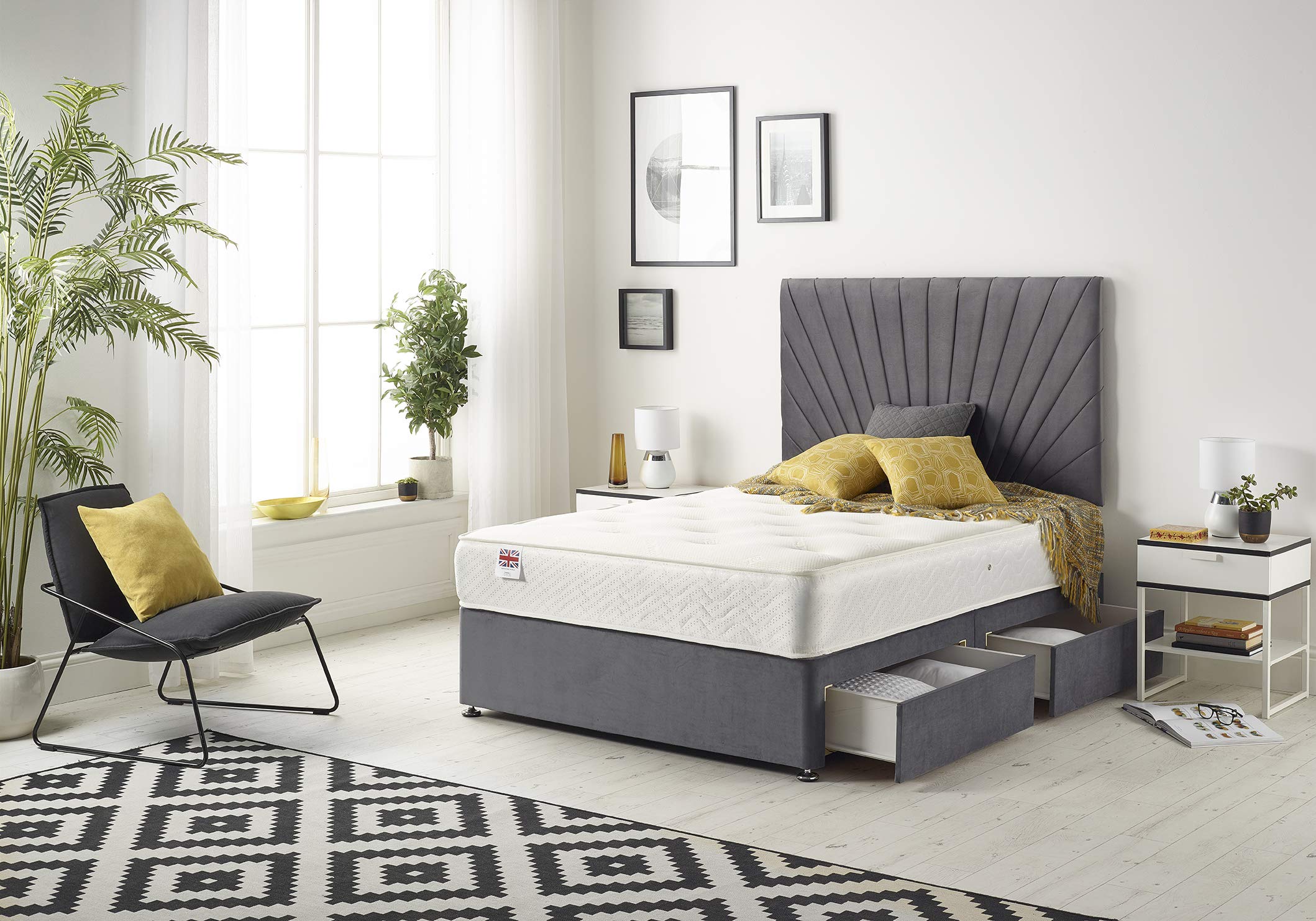 Bed Centre Platinum Grey Plush Divan Bed Base, Mattress, Drawers And No Headboard (Double (137 x 190cm), 2 Drawer One On Either Side Of Bottom Base, No Headboard)