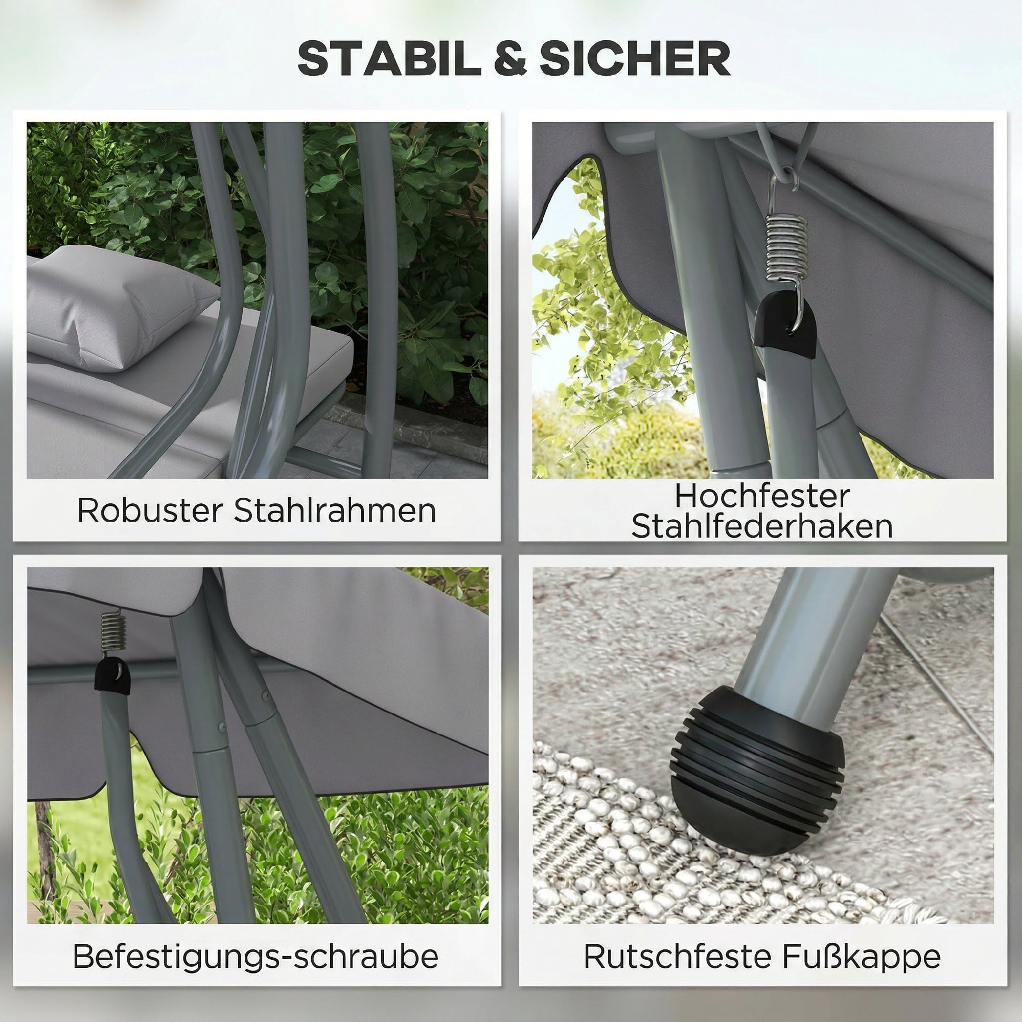 Outsunny Hollywoodschaukel mit Liegefunktion, 3-Sitzer Gartenschaukel mit Verstellbarem Dach, Seitenklapptisch, wasserabweisender Schaukelbank belastbar bis 340kg, für Garten, 200x120x164cm, Hellgrau