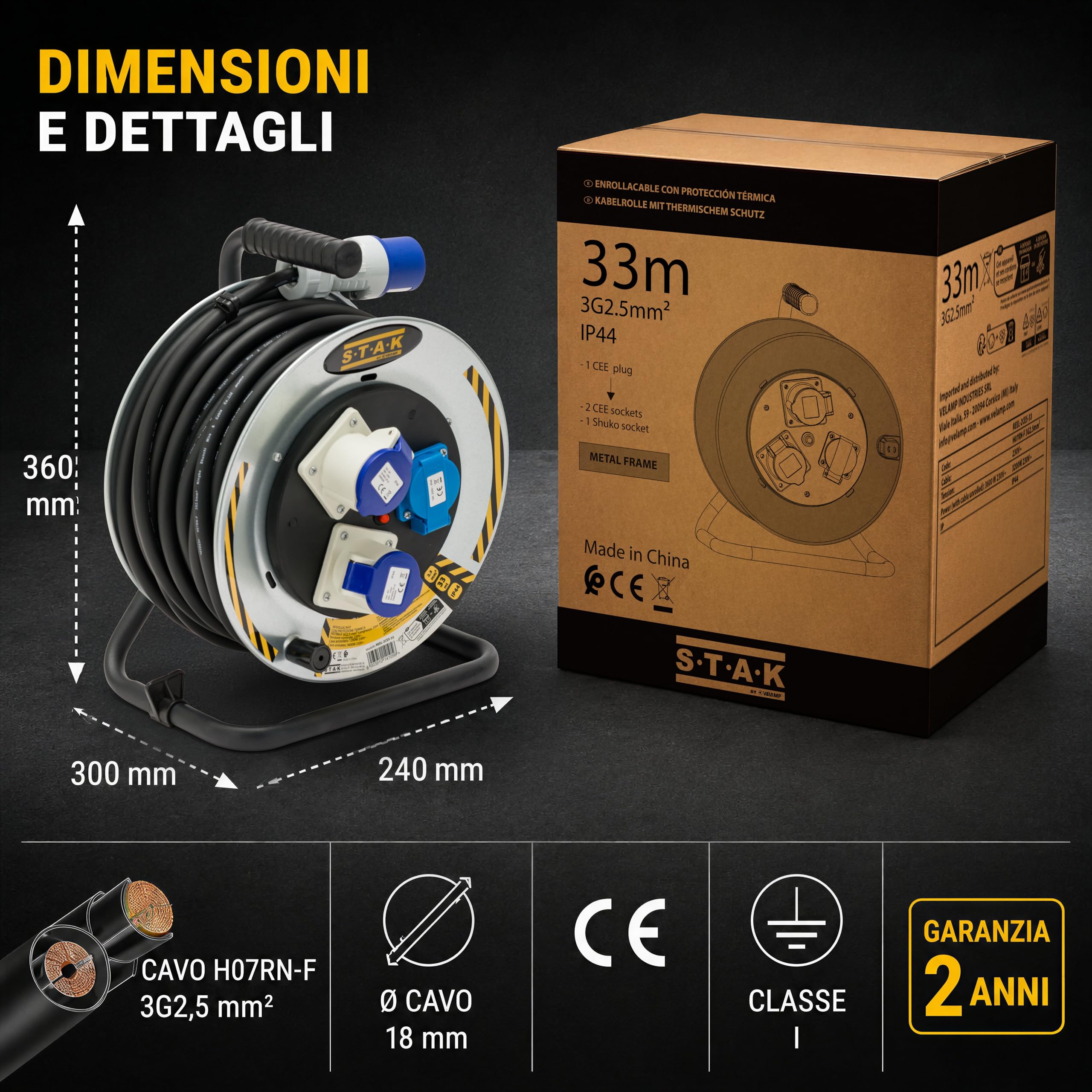 STAK Avvolgicavo Industriale Professionale 33 Metri IP44 con Cavo H07RN-F 3G2.5 mm², 2 Prese CEE + 1 Schuko, Spina CEE 16A, Prolunga Elettrica per Cantiere, Camper, Campeggio e Nautica