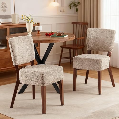 Miniatura 5 de Juego de 2 sillas de comedor tapizadas, modernas sillas de cocina apilables de tela de mediados de siglo con patas de metal de grano de madera de