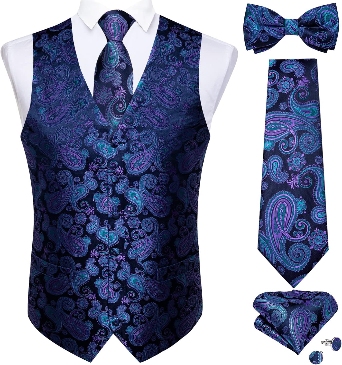 DiBanGuMen Paisley Floral Jacquard Waistcoat Set Suit Tuxedo Vest & Bow Tie Pocket Square Cufflinks
