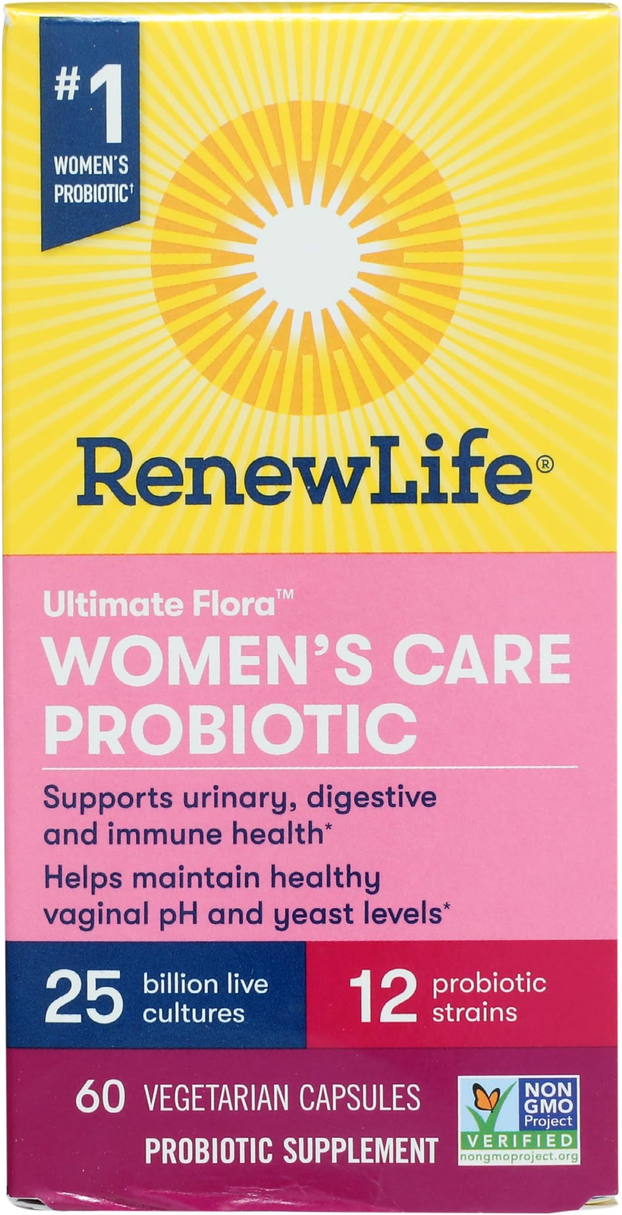 Women's Probiotic Capsules, Supports pH Balance for Women, Vaginal, Urinary, Digestive and Immune Health, L. Rhamnosus GG, Dairy, Soy and Gluten-Free, 25 Billion CFU - 60 Ct