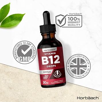 Vitamin B12 Liquid Drops 3000mcg | 2 Months Supply | High Strength Methylcobalamin | Vegetarian & Vegan Friendly | Berry Cherry Flavour | by Horbaach