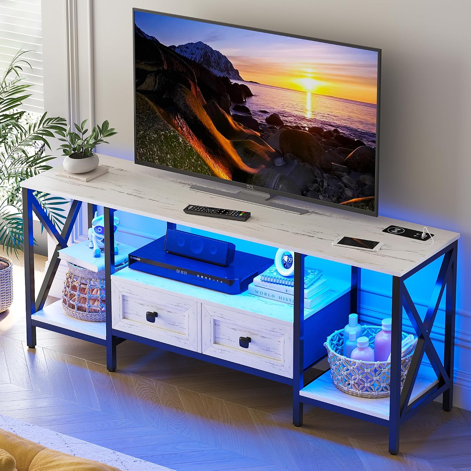 LED TV Stand for 65+ inch TV, Modern Television Stands with Charging Station(Wireless/USB/Type-C), Smart Entertainment Center with Auto 3 Color Lights (White)