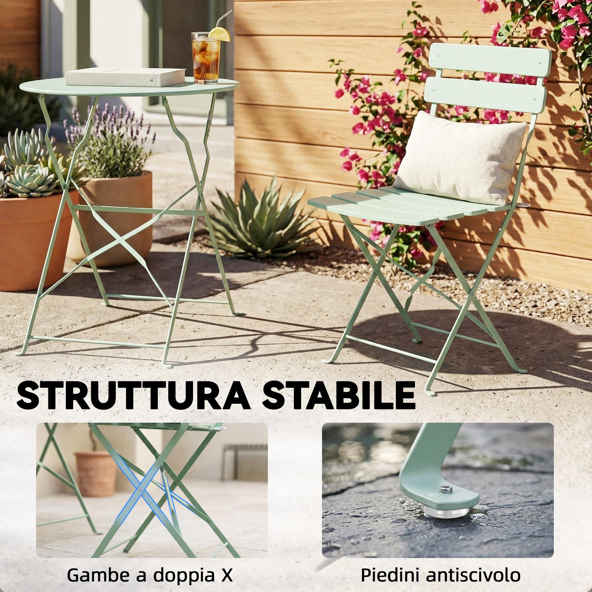 Outsunny Set da Bistrò Pieghevole da 3 Pezzi, Set da Giardino con 2 Sedie, Tavolo Rotondo, Struttura Metallo Antiruggine, Set di Mobili da Giardino per Patio Balcone, Verde Chiaro