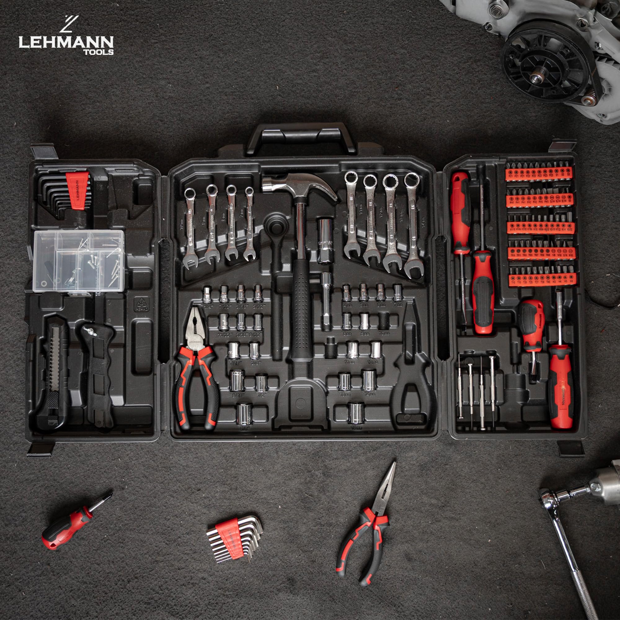 LEHMANN Cassetta Attrezzi Completa 168 pezzi - Valigetta Pieghevole con Maniglia di Trasporto - Set Attrezzi da lavoro Portatile - Kit ideale per Fai-da-te, Casa e Garage