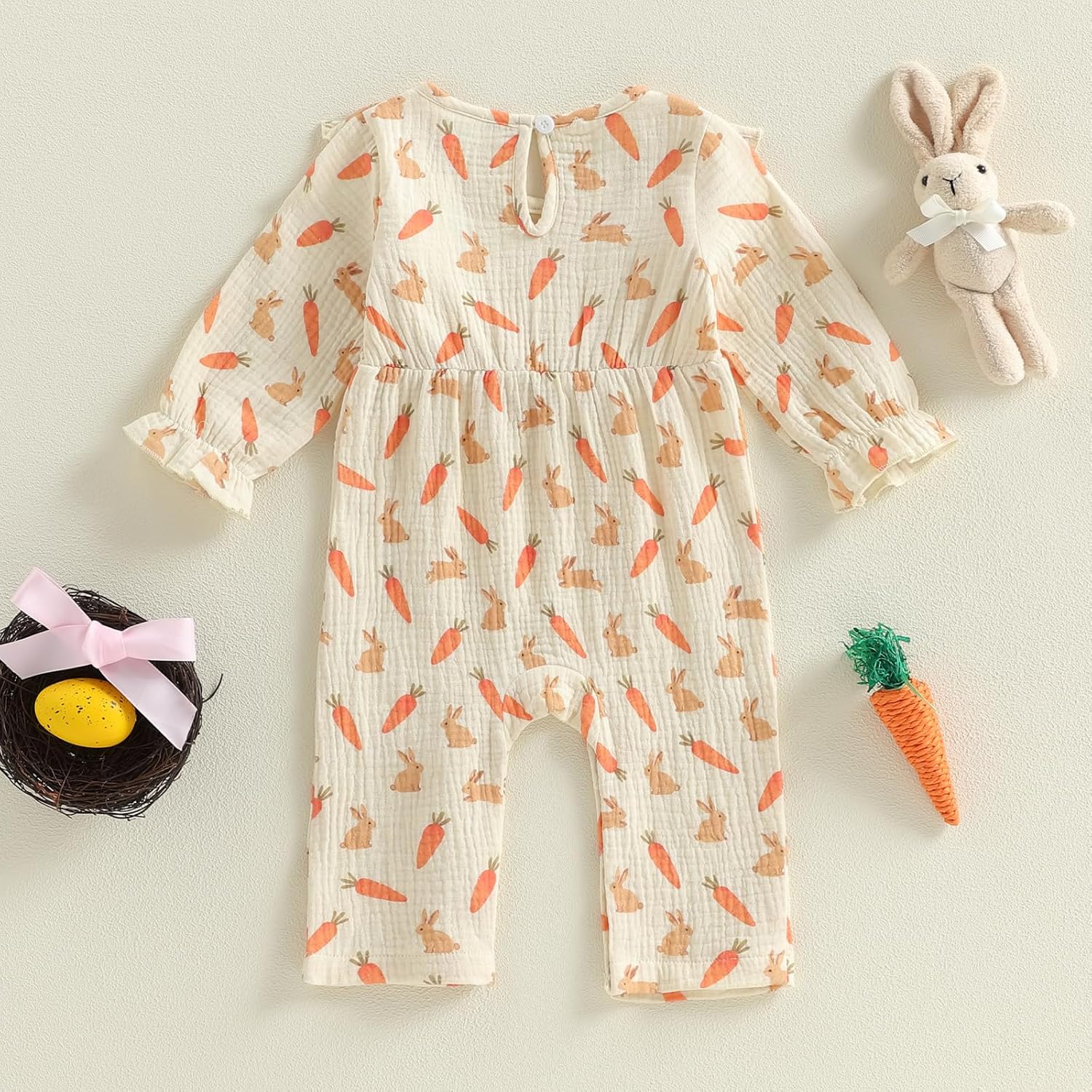 Lamuusaa Newborn Baby Girl Easter Outfit Long Sleeve Bunny Carrot Romper Ruffle Bow Bodysuit Cotton Linen Jumpsuit 0-18M - Image 7