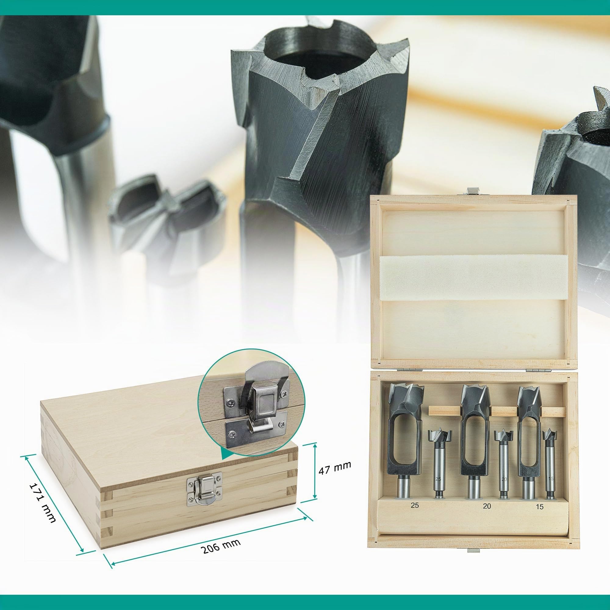 ENT 09151 Set da 6 pz. Fresa per tenoni e punte forstner per legno Ø 15, 20, 25 mm, in acciaio per utensili, per connettori, tasselli e tenoni in legno