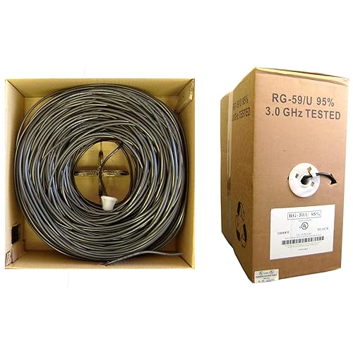 CableWholesale Cable coaxial RG59U a granel, 20 AWG, núcleo sólido, cobre, 95% trenzado, caja de tiradores, 1000 pies, negro, RG59U cable CCTV,