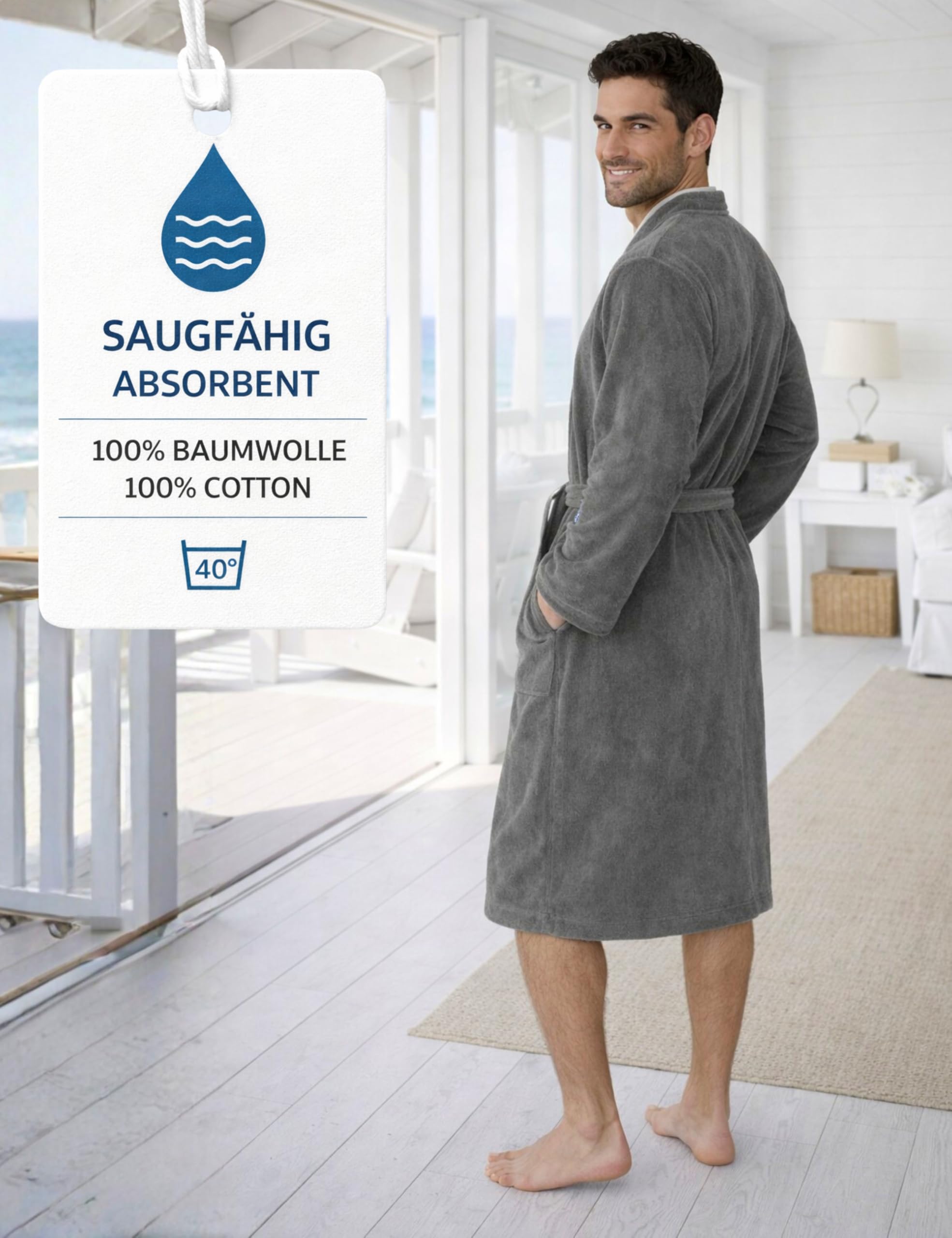 Morgenstern Bademantel Herren 100% Baumwolle Frottee Velours Saunamantel Kimono Lang Oeko Tex