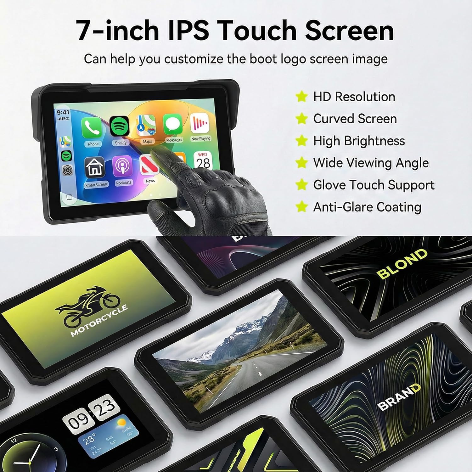 Rimoody 7 Inch Motorcycle Carplay Screen with Wireless Carplay Android Auto for Car, IP67 Waterproof Touchscreen, GPS Navigation, Supports Dual Bluetooth Transmission/EQ Sound Control/Voice Control