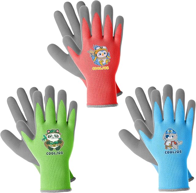 COOLJOB 3 Pairs Kids Gardening Gloves, Rubber Coated Palm, Age 6-8, Size M | For Toddlers & Boys, Grippy Palm, Red Green Blue, Flexible for Outdoor Gardening Work