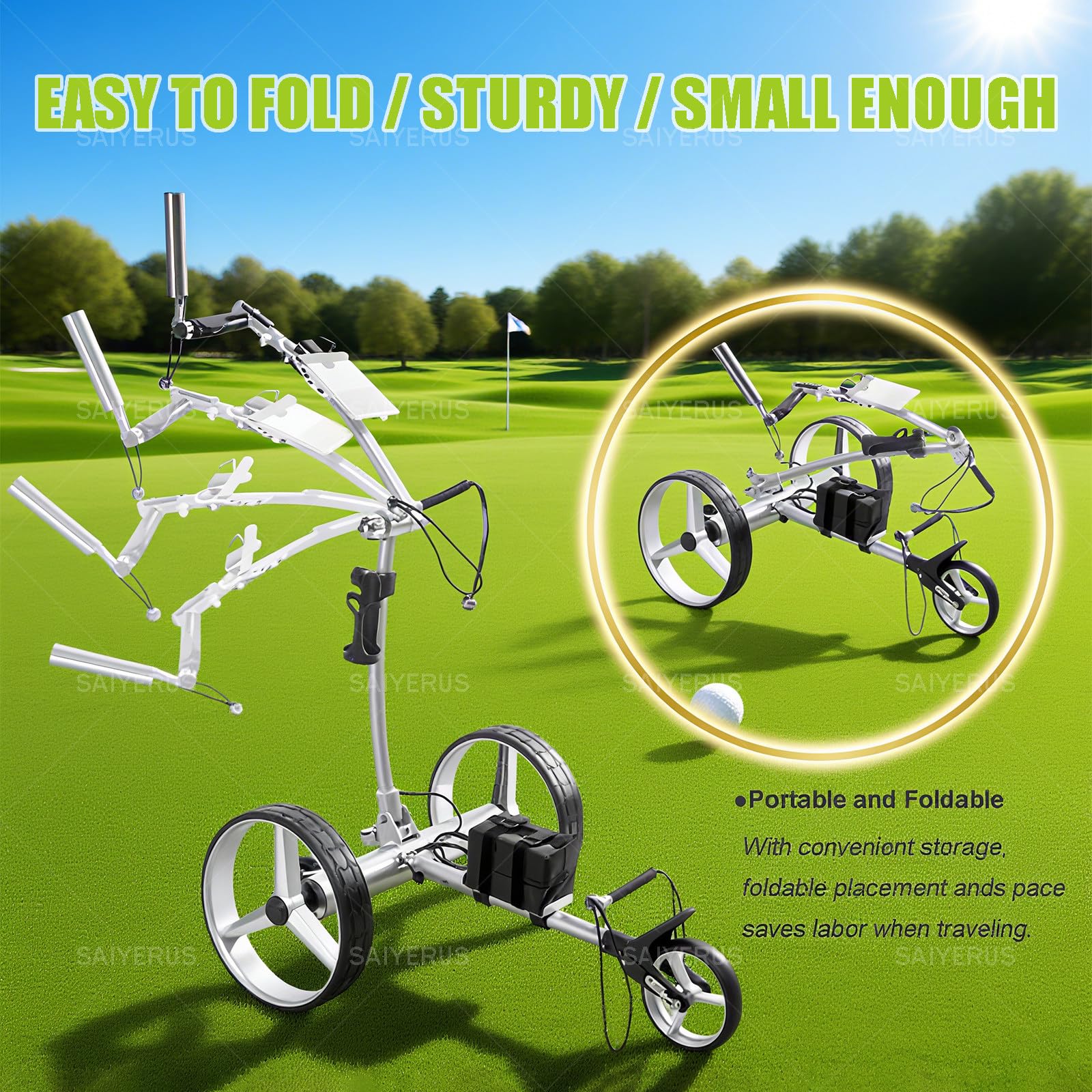 Carrito de Golf Eléctrico con Control Remoto, Ultraligero de Acero Inoxidable, Batería de Litio Recargable, Accesorios Completos, Incluye Bolsa de Transporte y Funda para Lluvia