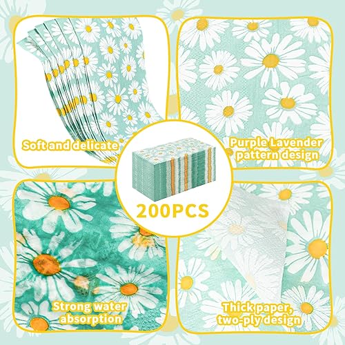 Miniatura 6 de Zonon 200 servilletas de 2 capas con diseño de margaritas con temática floral, desechables, servilletas de papel decorativas para bufé, cocina,