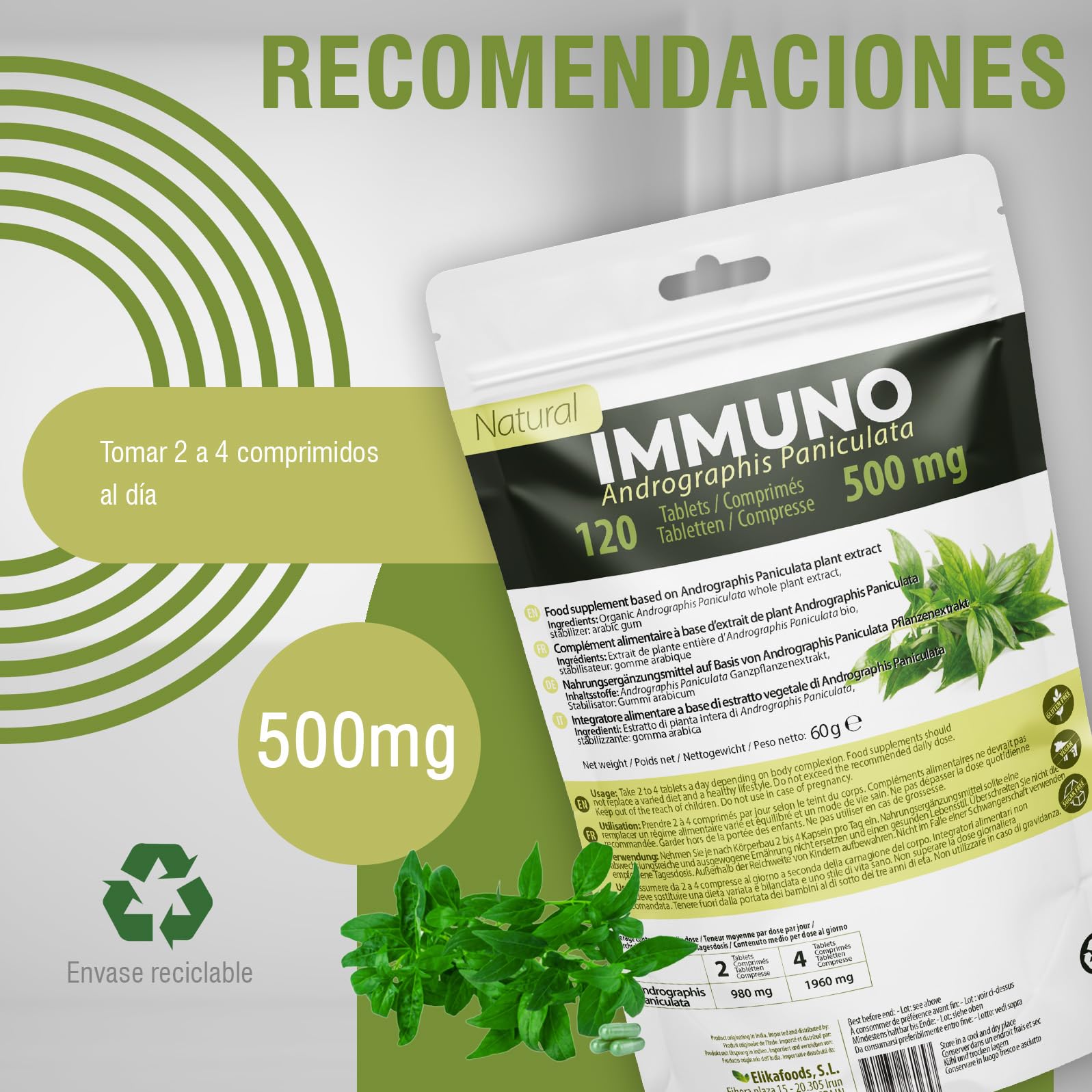 Estratto di Andrographis Paniculata Elikafoods. 120 capsule vegetali da 500mg. Integratore alimentare 100% naturale. Adatto ai vegani, senza glutine.