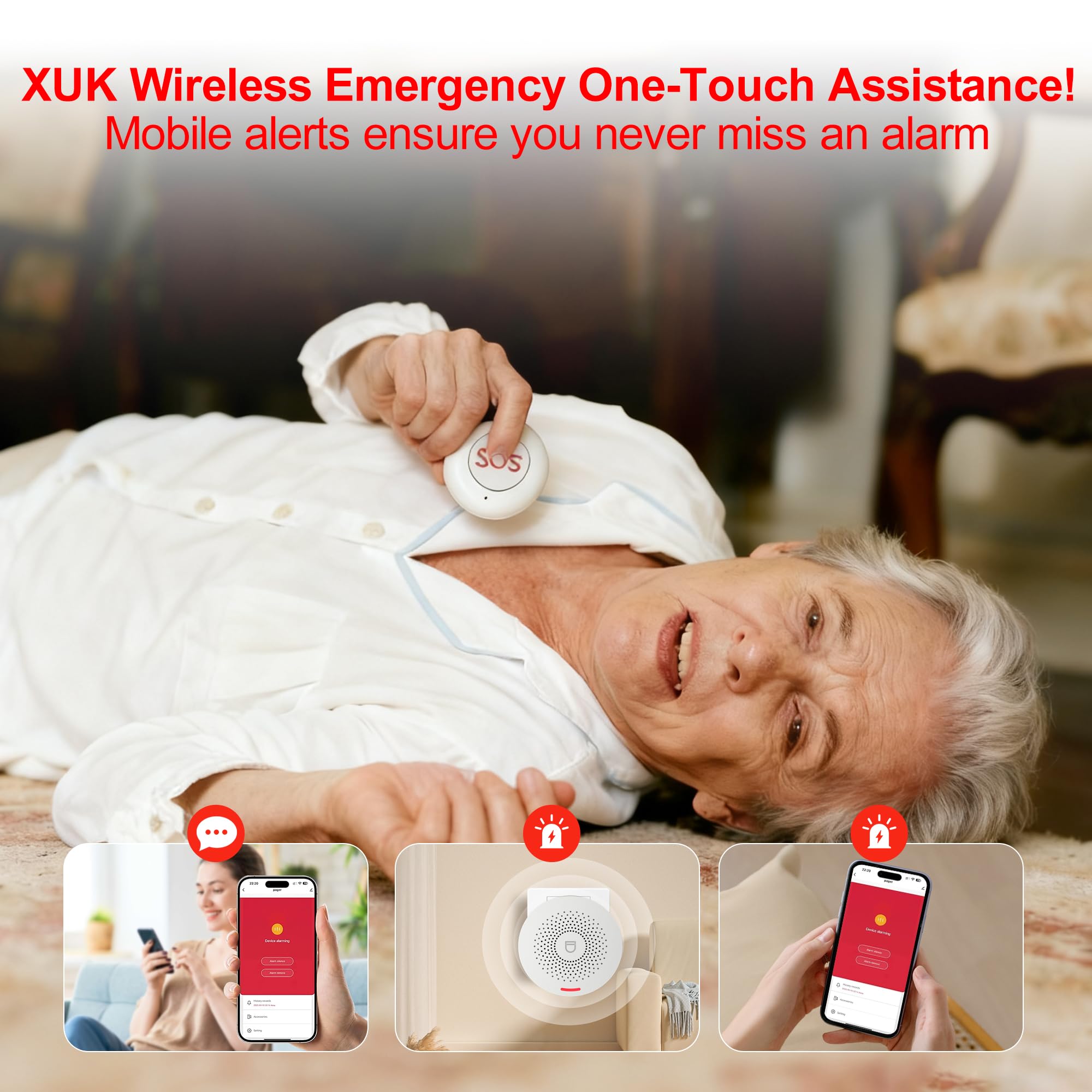 XUK Sistema de llamada de emergencia para ancianos, 1 host + 2 relojes versión WiFi dispositivos de llamada